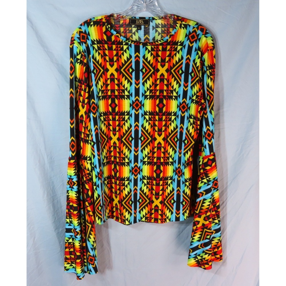 L&B Lucky/Blessed VIBRANT COLORS AZTEC Slinky Knit Top HUGE BELL SLEEVES sz S